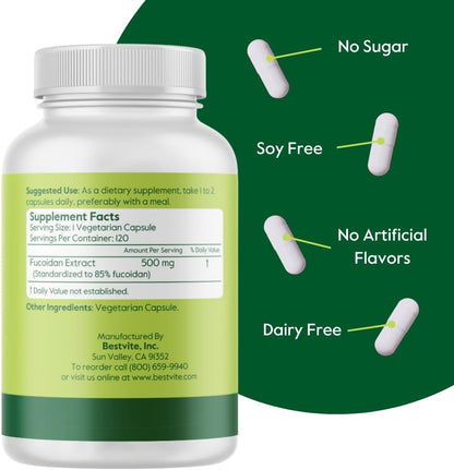 BESTVITE Fucoidan Extract 500mg (Standardised to 85% Fucoidan) - 120 Vegetarian Capsules