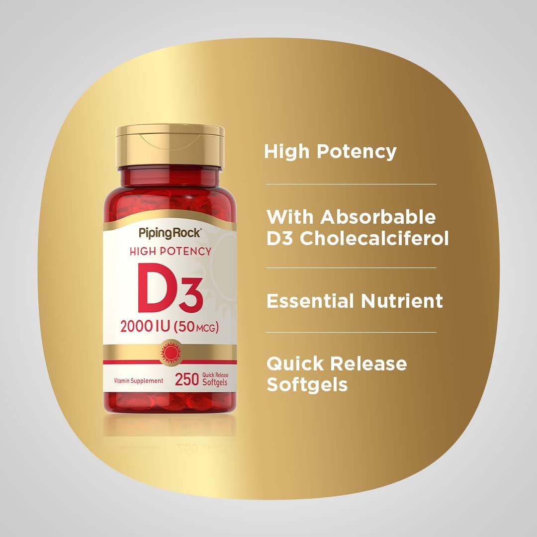 Piping Rock Vitamin D3 2000 IU | 250 Softgels | High Potency | Cholecalciferol Supplement | Non-GMO, Gluten-free - görsel 4
