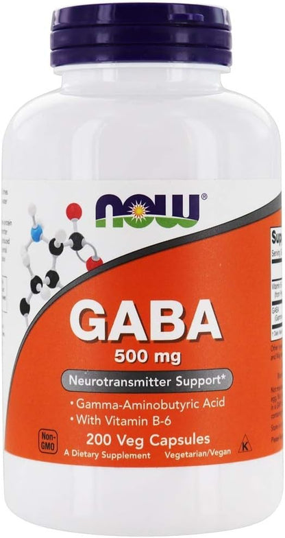 NOW Foods GABA with Vitamin B6, 500 mg, 200 Vegetable Capsules