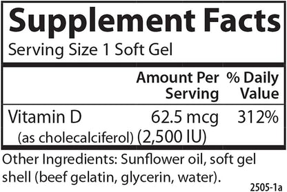 Carlson Vitamin D3 2500 IU (62.5 mcg) Soft Gel Capsules – 150 Capsules