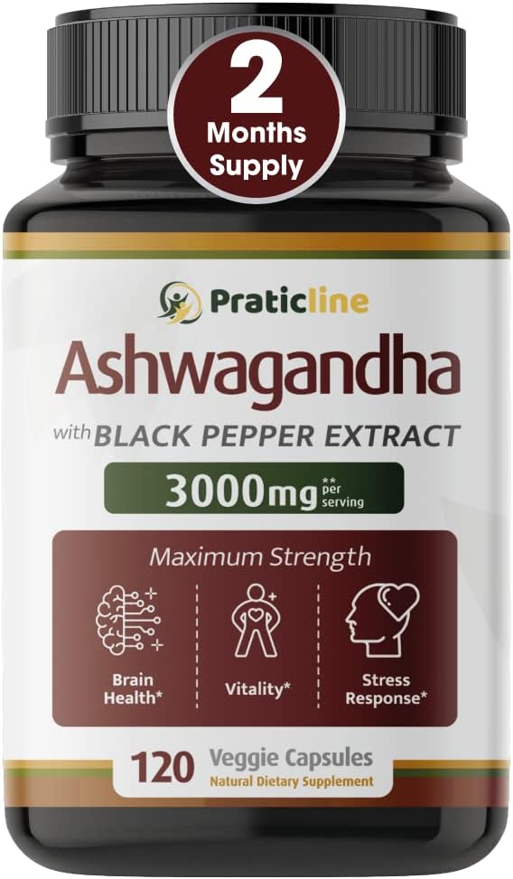 PRATIC LINE Ashwagandha Capsules 3000 mg - 120 Vegan Capsules, Organic Root Powder & Extract, Gluten-free, Made in USA - görsel 1