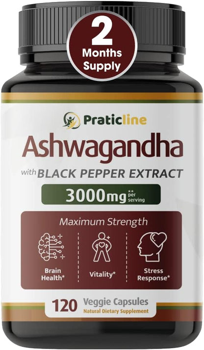 PRATIC LINE Ashwagandha Capsules 3000 mg - 120 Vegan Capsules, Organic Root Powder & Extract, Gluten-free, Made in USA