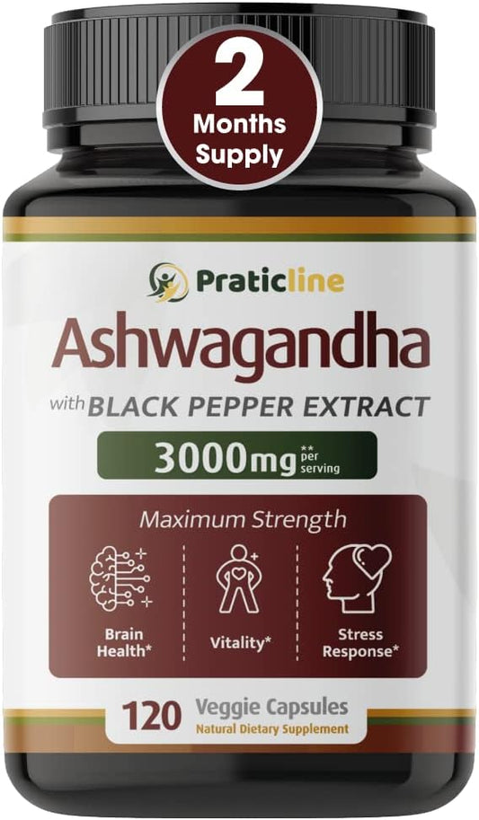PRATIC LINE Ashwagandha Capsules 3000 mg - 120 Vegan Capsules, Organic Root Powder & Extract, Gluten-free, Made in USA