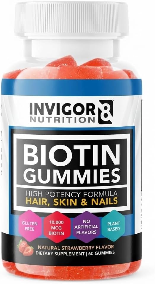 INVIGOR8 Biotin Gummies 10000mcg - Hair, Skin & Nails Support - Vegan, Kosher, Halal - Strawberry Flavour (60 Gummies) - görsel 1