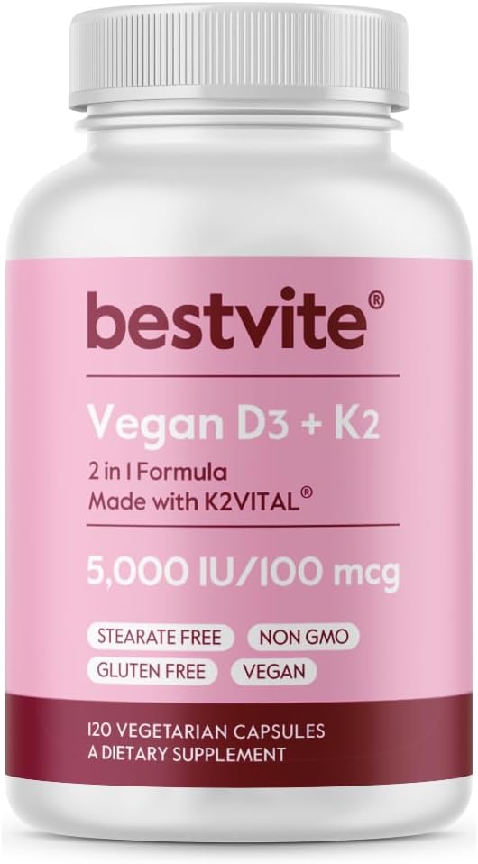 BESTVITE Vegan Vitamin D3 5000 IU + Vitamin K2 100 mcg (MK-7) - 120 Capsules - görsel 1