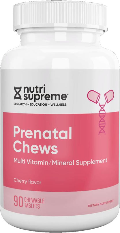 Nutri Supreme Prenatal Vitamin, Chewable Prenatal Vitamins for Women with 800 mcg of Folate, Complete Pregnancy Multivitamin with Iron, Kosher, Cherry Flavour, 90 Count