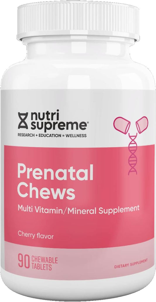 Nutri Supreme Prenatal Vitamin, Chewable Prenatal Vitamins for Women with 800 mcg of Folate, Complete Pregnancy Multivitamin with Iron, Kosher, Cherry Flavour, 90 Count
