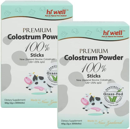 Hi Well Premium Grass-Fed Colostrum Powder 100% 2g 30 Sticks (Pack of 2)