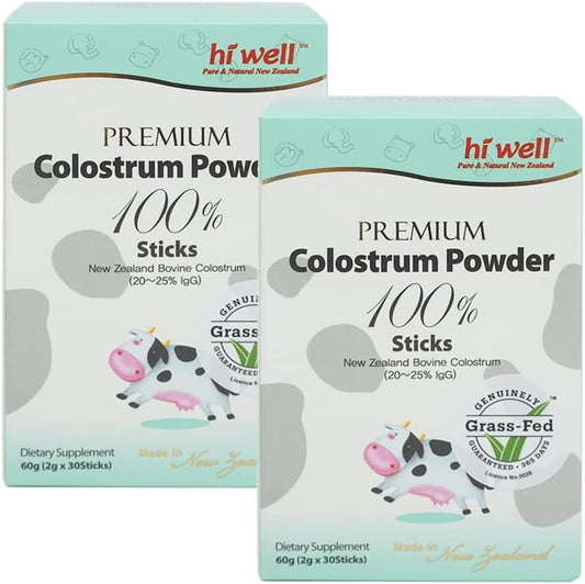 Hi Well Premium Grass-Fed Colostrum Powder 100% 2g 30 Sticks (Pack of 2)