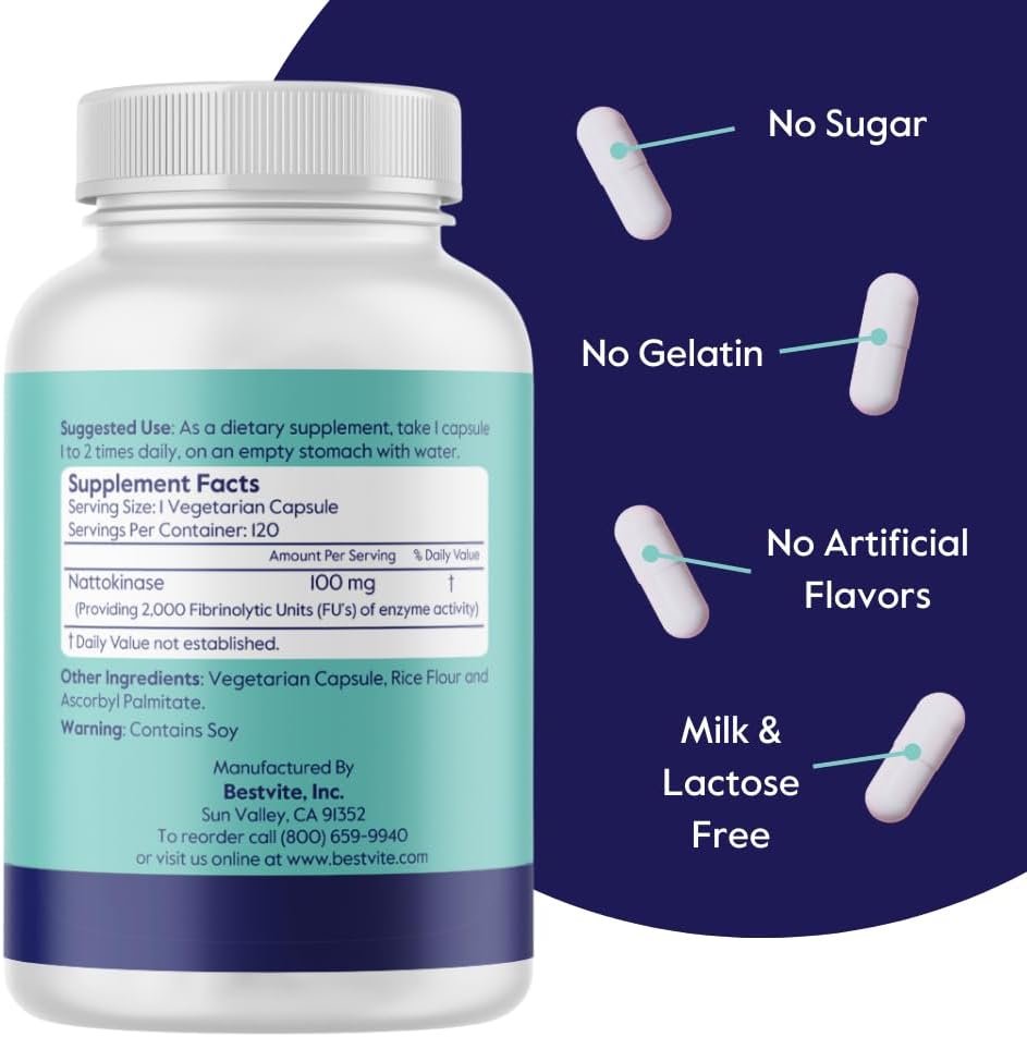 BESTVITE Nattokinase 100mg (2000 FU) - 240 Vegan Capsules - No Stearates, Non-GMO, Gluten-free - görsel 3
