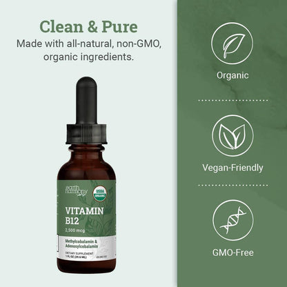 Earth Harmony Naturals Organic Vegan Vitamin B12 Sublingual Liquid Supplement – 2500mcg Methylcobalamin Drops