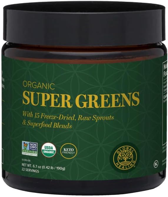 Global Healing Organic Super Greens Powder Blend - 15 Raw Whole Sprouts - Delicious Green Juice Smoothie Mix for Daily Nutrition - Non-GMO, Gluten-Free - görsel 1