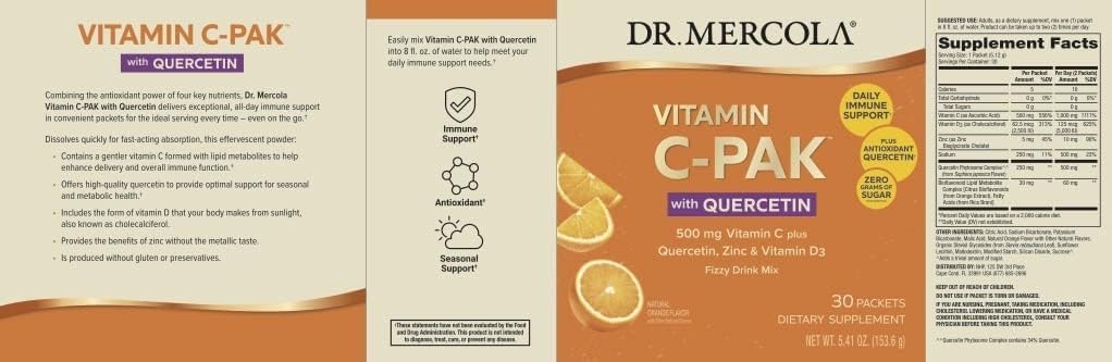 Dr. Mercola Vitamin C-PAK with Quercetin – Daily Immune Support Drink – Zinc & Vitamin D3 Blend – Gluten-free – Effervescent Orange Flavour – 30 Packets - görsel 2