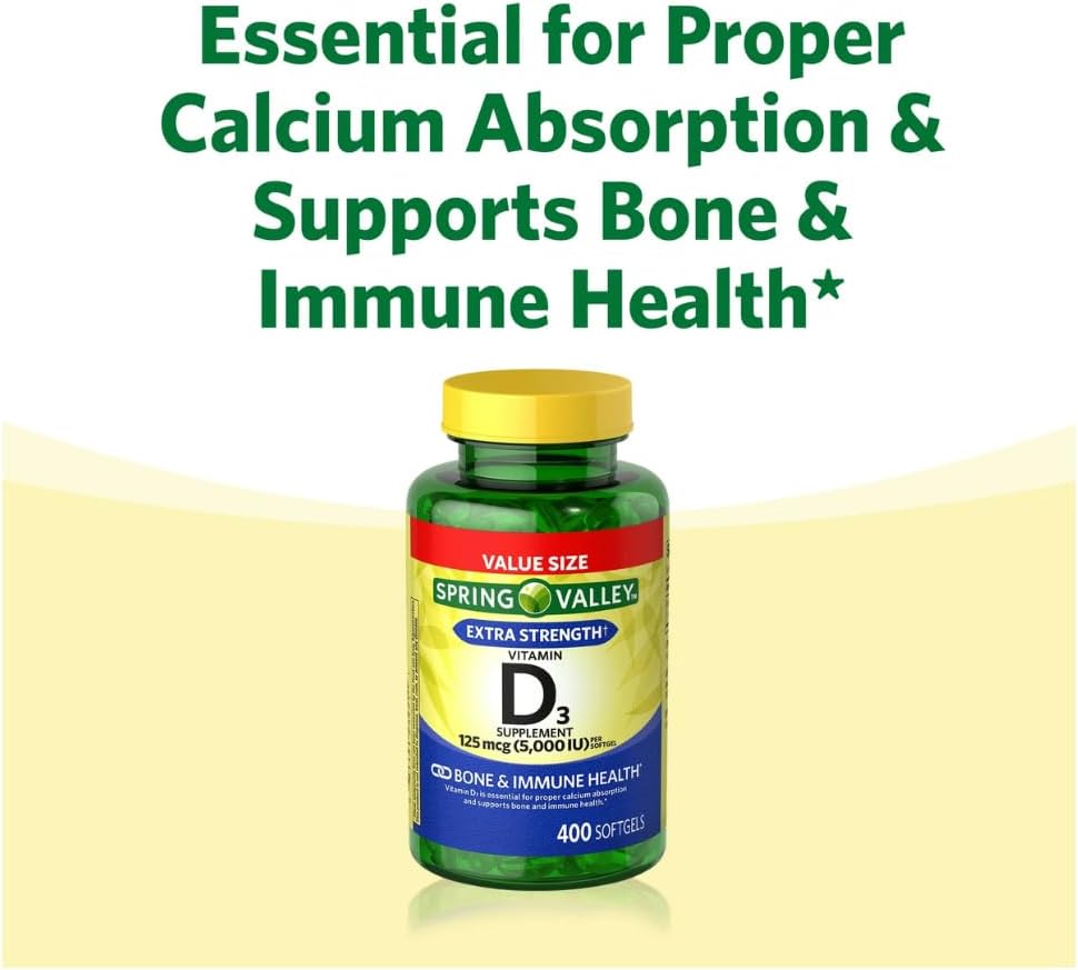 Vitamin D3 Spring Valley Soft gel capsule Capsules, 125 mcg (5,000 IU), 400 Count – with Gift Face Ice Roller - görsel 7
