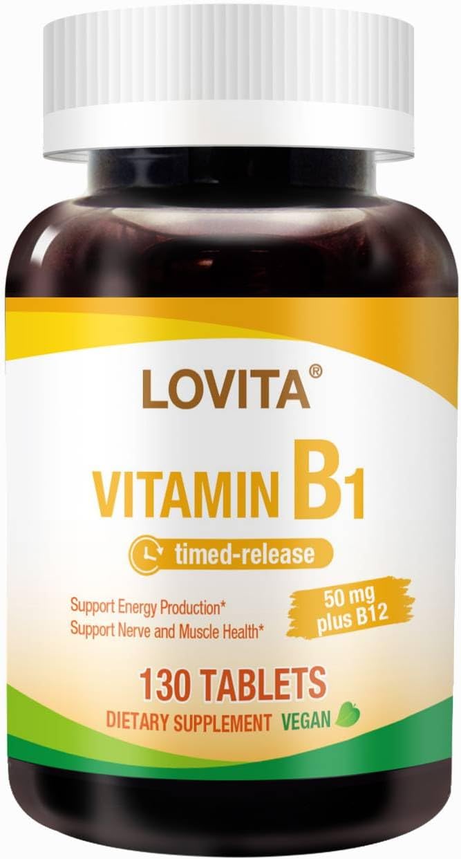 LOVITA Vitamin B1 (Thiamine) 50mg Timed Release – 8 Hour Sustained with B12, 130 Vegan Tablets - görsel 1