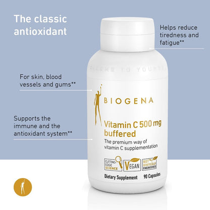 Biogena Vitamin C 500 mg Buffered Gold – Stomach-Friendly Vitamin C Complex with Quercetin & Rutin – 90 Capsules