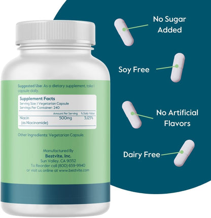 BESTVITE Niacinamide 500mg - 240 Vegetarian Capsules (Filler-Free)