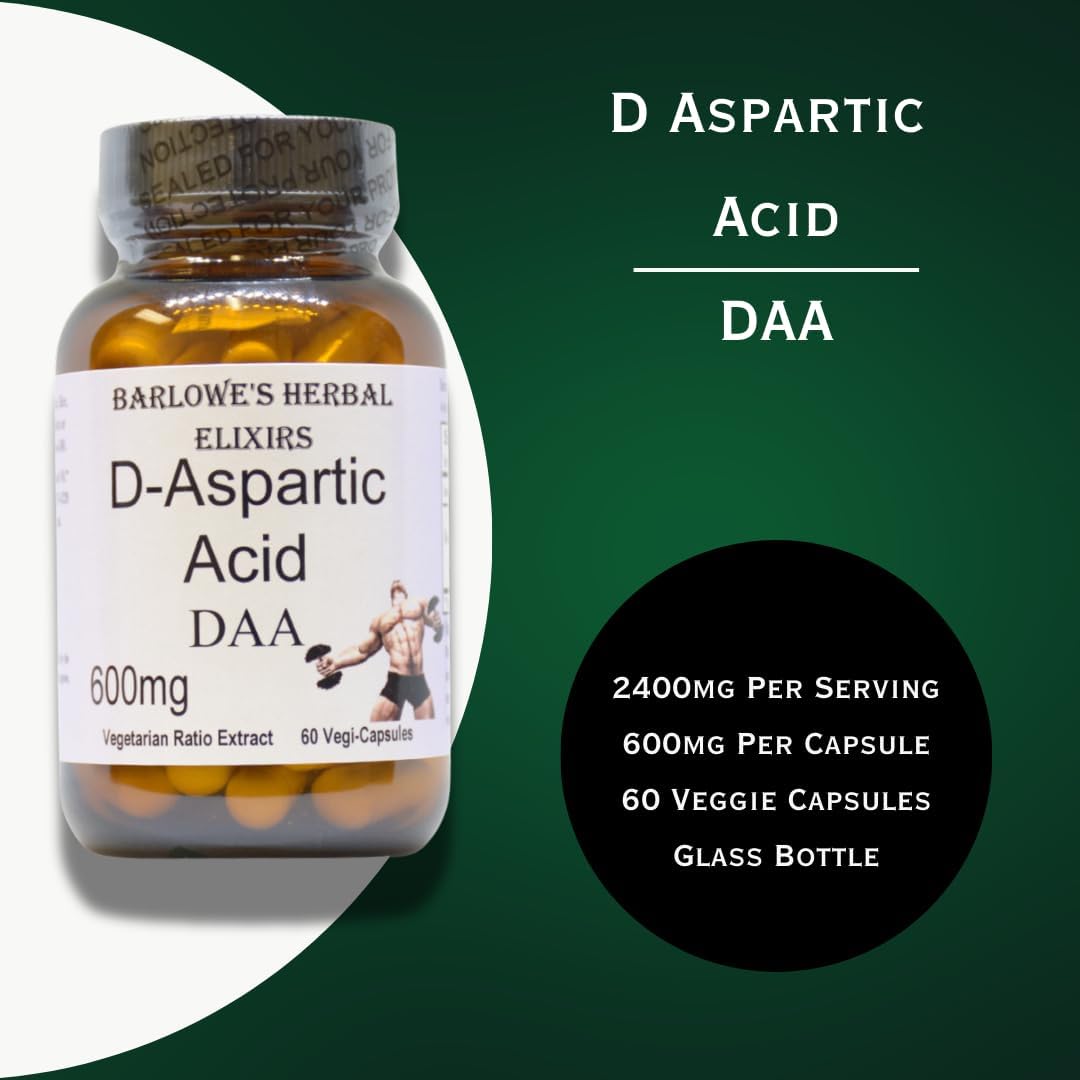 Barlowe's Herbal Elixirs D-Aspartic Acid Supplement | DAA | 600 mg Per Capsule | 60 Veggie Capsules | Athletic Performance | Stearate Free | Glass Bottle - görsel 4