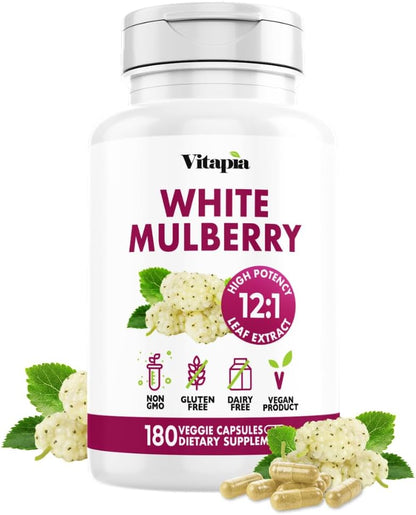 Vitapia White Mulberry Leaf Extract 1000mg – 12:1 Concentrated Food Supplement – 180 Vegan Capsules