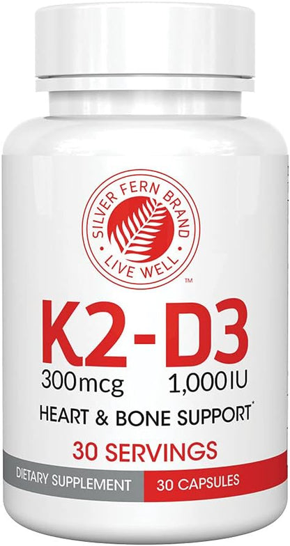 Silver Fern Vitamin K2-D3 Supplement – Natural, Non-Synthetic – MK-7 & D3 – Bone, Heart & Energy Support (30 Capsules)
