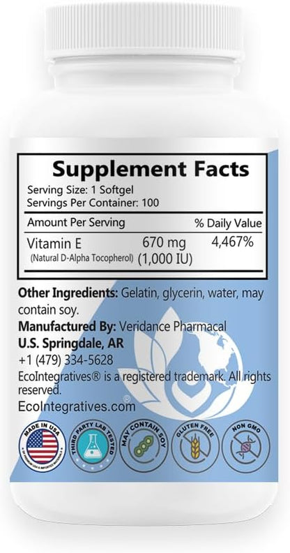 EcoIntegratives E-1,000 IU Natural Vitamin E with Mixed Tocopherols - 100 Soft gel capsule Capsules