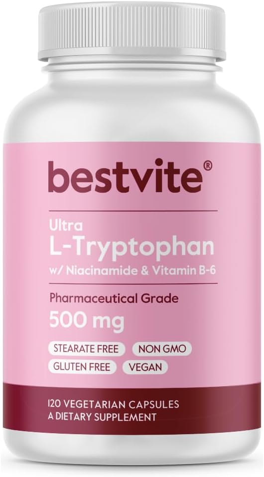 BESTVITE Ultra L-Tryptophan 500mg with B3 & B6 - 120 Vegetarian Capsules - görsel 1