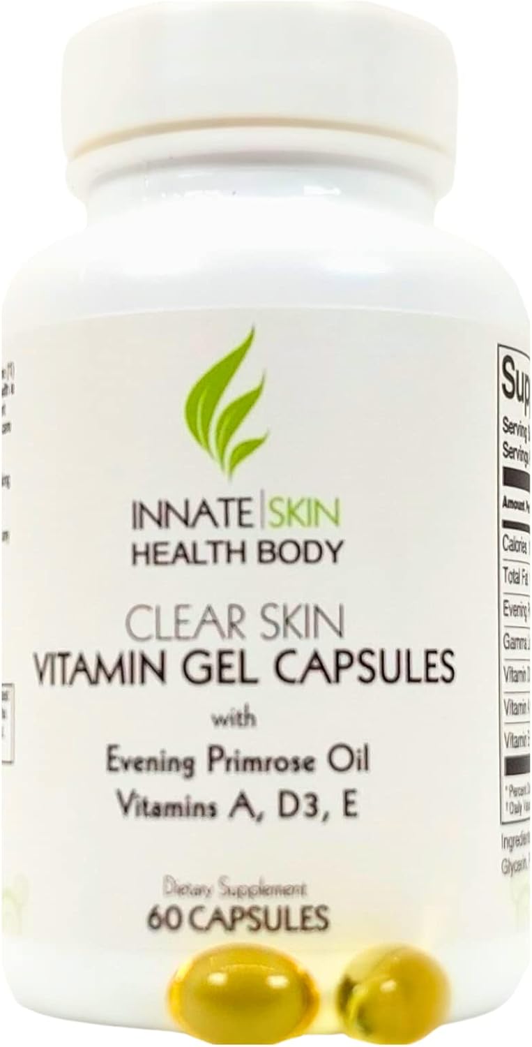 Clear Skin Acne Supplement Gel Capsules with Evening Primrose Oil, Vitamin A, D (D3) & E | Natural Complexion Support | 60 Soft gel capsule Capsules - görsel 1
