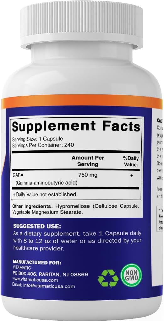 Vitamatic GABA (Gamma Aminobutyric Acid) 750mg, 240 Vegetable Capsules – Non-GMO, Gluten-free - görsel 8