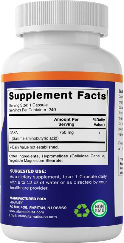 Vitamatic GABA (Gamma Aminobutyric Acid) 750mg, 240 Vegetable Capsules – Non-GMO, Gluten-free
