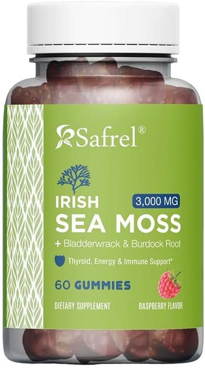 Safrel Irish Sea Moss Gummies 3000mg with Bladderwrack and Burdock Root, Thyroid Energy and Immune Support, Vegan Raspberry Flavour, 60 Gummies - görsel 1