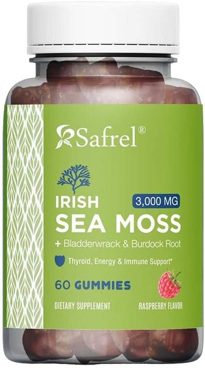 Safrel Irish Sea Moss Gummies 3000mg with Bladderwrack and Burdock Root, Thyroid Energy and Immune Support, Vegan Raspberry Flavour, 60 Gummies
