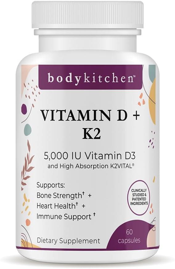 Body Kitchen Vegan Vitamin D3 + K2 MK-7 Supplement, 5000 IU D3 & 180 mcg K2 MK-7, Non-GMO, 60 Veggie Caps - görsel 1