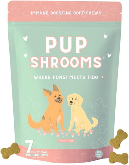 Pup Shrooms Mushroom Complex Soft Chews for Dogs – Lion's Mane, Turkey Tail, Shiitake – EPA, DHA, Turmeric & Organic Kelp – 160 Chews