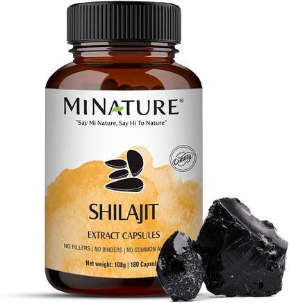Shilajit Capsules – Non-GMO Extract by mi Nature | 180 Veg Caps | Promotes Vibrant Energy & Vitality | 1000 mg | 100% Pure Shilajit Extract | Fulvic Acid