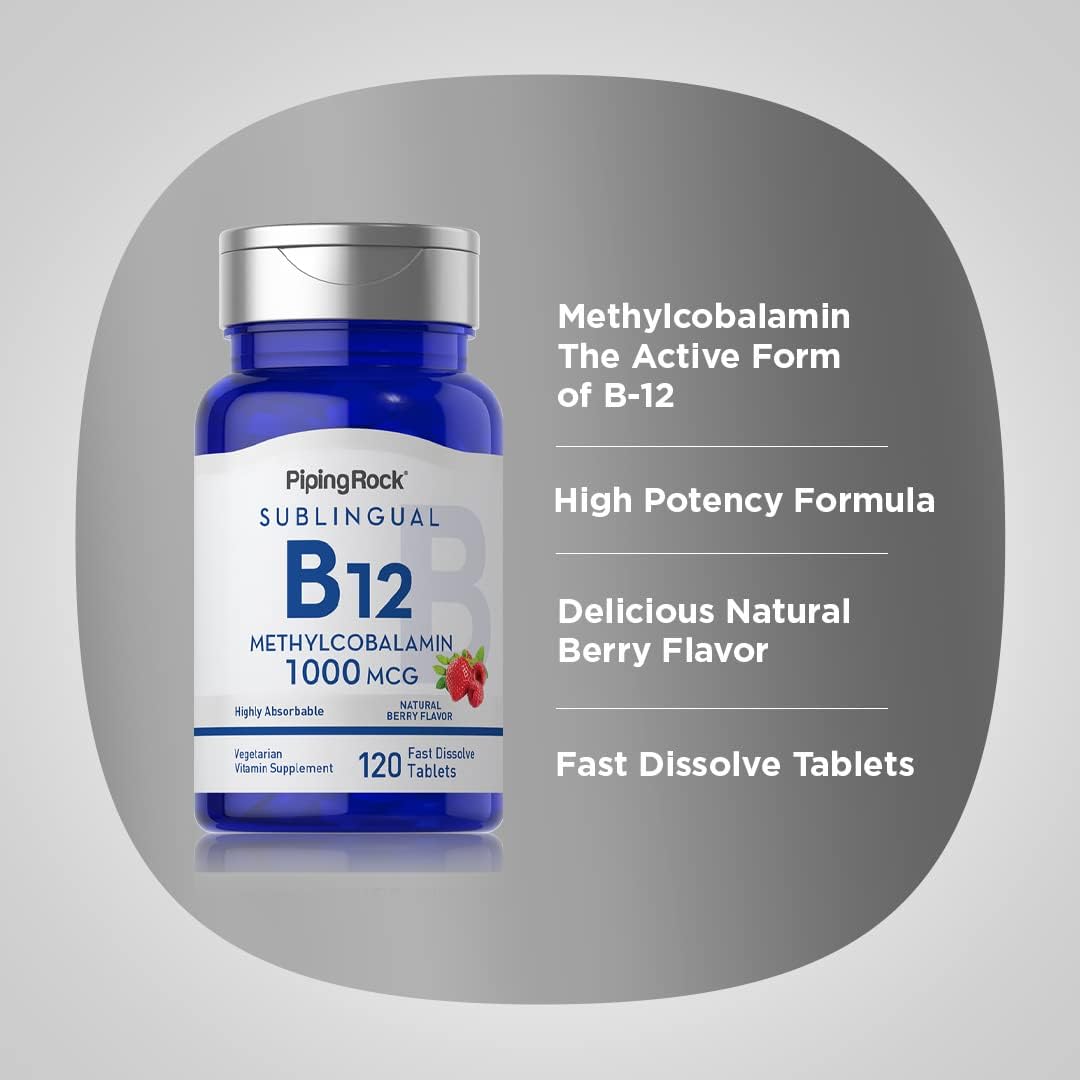 Piping Rock Vitamin B12 1000 mcg Sublingual Tablets - Methylcobalamin, Berry Flavour - 120 Count - görsel 4