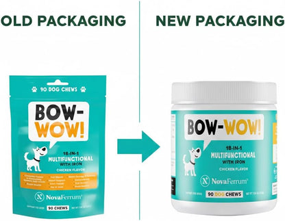 NovaFerrum Bow Wow 18-in-1 Multifunctional Dog Supplement with Iron, Glucosamine, Probiotics & Antioxidants, Chicken Flavour, 90 Chews