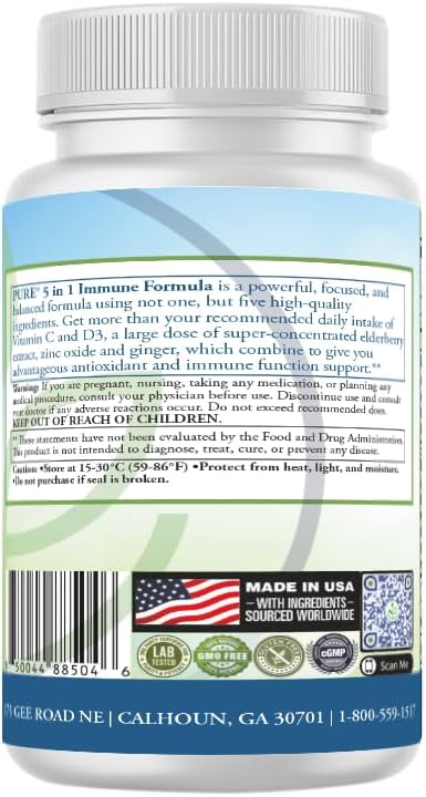 PURE® 5 in 1 Immune Formula - 120 Capsules - Black Elderberry, Vitamin C, D3, Zinc & Ginger Root - görsel 7