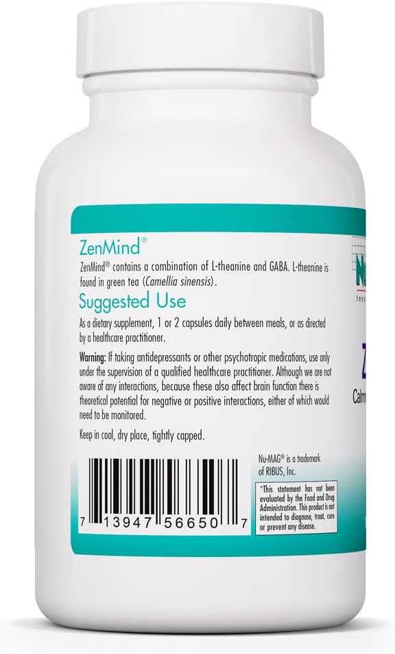 Nutricology ZenMind - 550 mg GABA & 200 mg L-Theanine - Calmness & Relaxation Support Day or Night - Non-Drowsy Formula - Vegetarian Capsules - 60 Servings - 120 Capsules - görsel 3