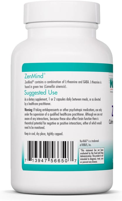 Nutricology ZenMind - 550 mg GABA & 200 mg L-Theanine - Calmness & Relaxation Support Day or Night - Non-Drowsy Formula - Vegetarian Capsules - 60 Servings - 120 Capsules
