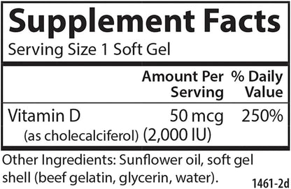 Carlson Vitamin D3 2000 IU (50 mcg) Soft Gels – Immune & Bone Support, 120 Soft Gels