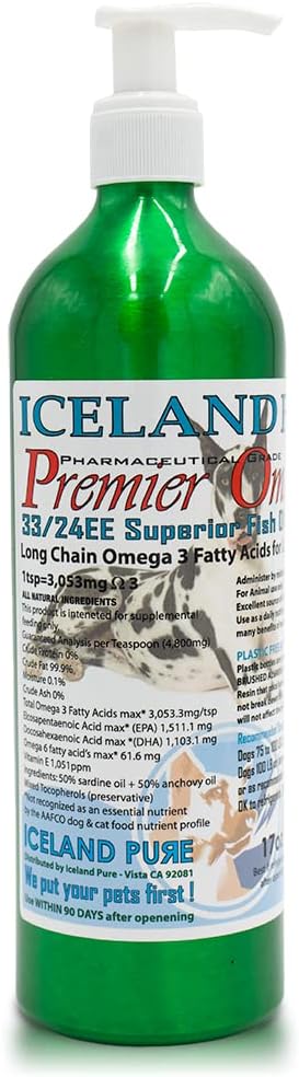 Premier Omega Fish Oil Supplement by Iceland Pure – Wild-Caught – 3053mg Omega-3 per Teaspoon – For Large Dog Breeds – Ethyl Ester Distillation – Pump Bottle BPA-free Brushed Aluminium 17 oz (480 ml) - görsel 9