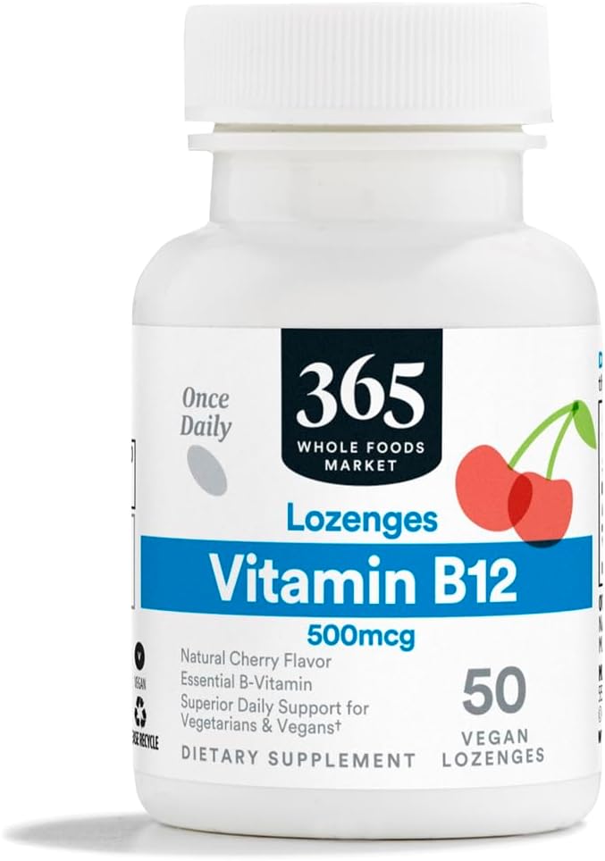 365 by Whole Foods Market, Vitamin B12 500mcg Lozenges, Natural Cherry Flavour, Vegan, 50 Count - görsel 1