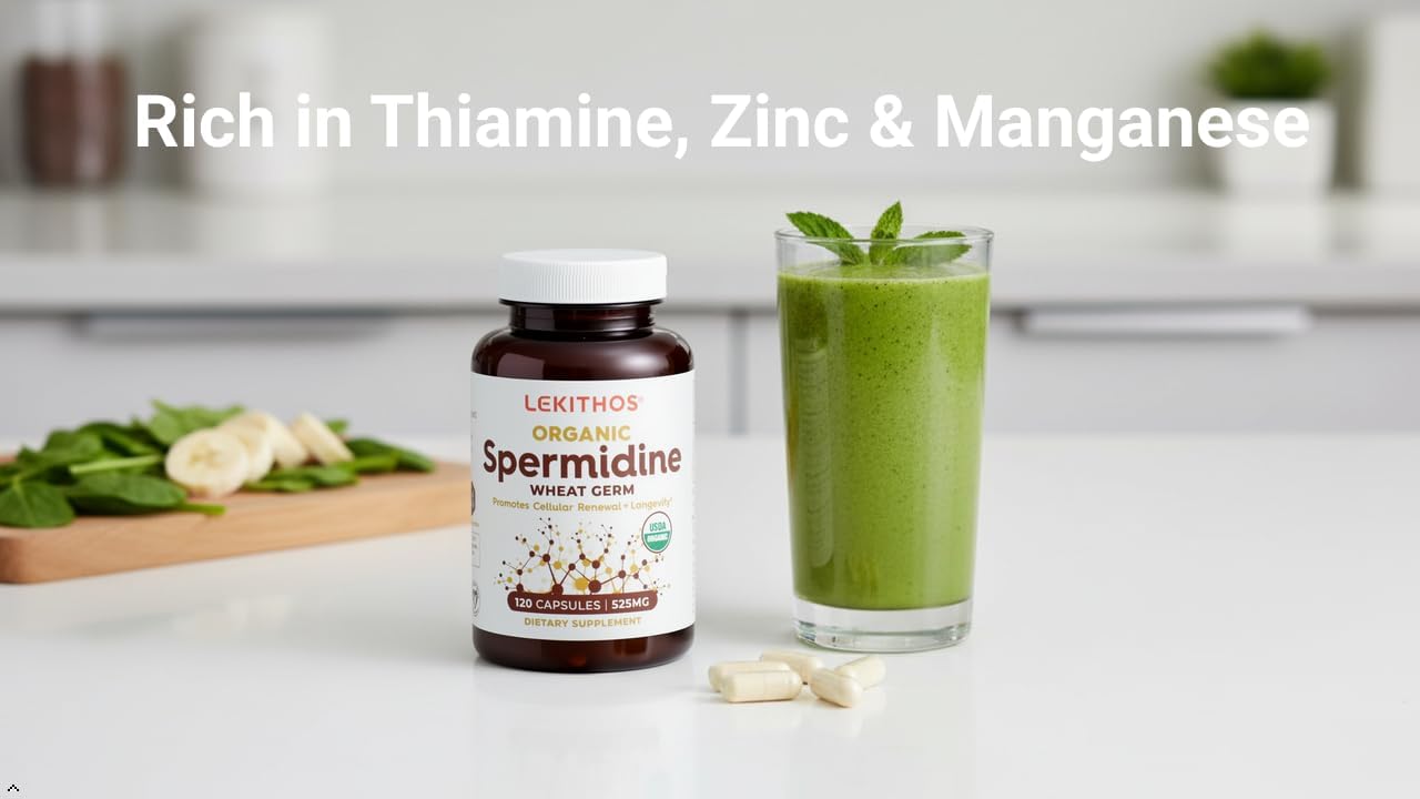Lekithos Organic Spermidine Capsules | Organic Wheat Germ Extract | Promotes Cell Renewal, Healthy Ageing | Thiamine, Zinc, Manganese | 1050mg Per Serving | Certified Organic, Vegan, Non-GMO | 120 Capsules - görsel 2