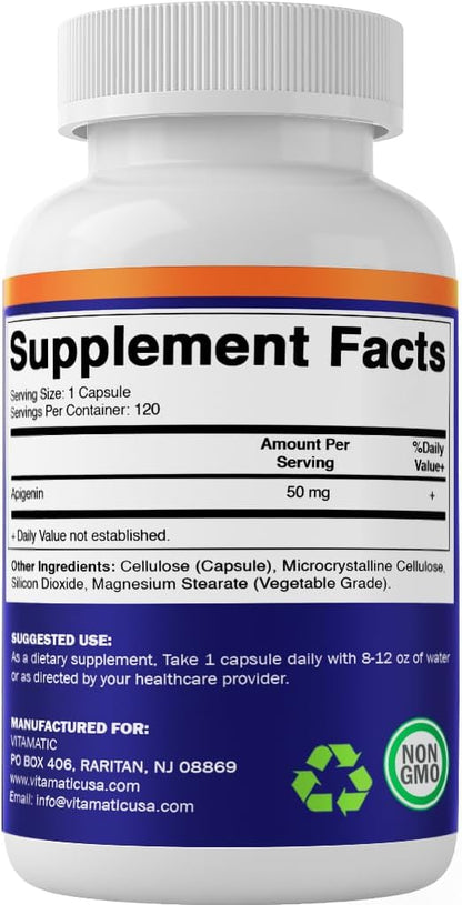 Vitamatic Apigenin 50mg – 120 Vegetarian Capsules, Plant-Based Flavonoid for Relaxation & Healthy Ageing