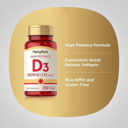 Piping Rock Vitamin D3 5000 IU | 250 Softgels | High Potency Supplement | Non-GMO, Gluten-free