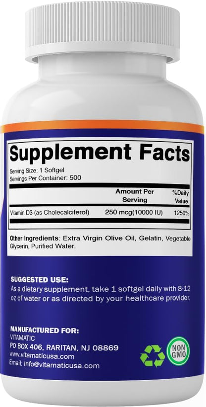 Vitamatic Vitamin D3 10,000 IU (250 mcg) - 500 Soft gel capsules, Cold-Pressed Olive Oil Base, Non-GMO, Gluten-free