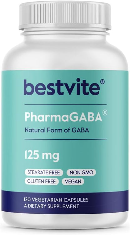 BESTVITE PharmaGABA (120 Veg Caps) – Natural GABA Supplement – No Stearates – Vegan – Non-GM – Gluten-free