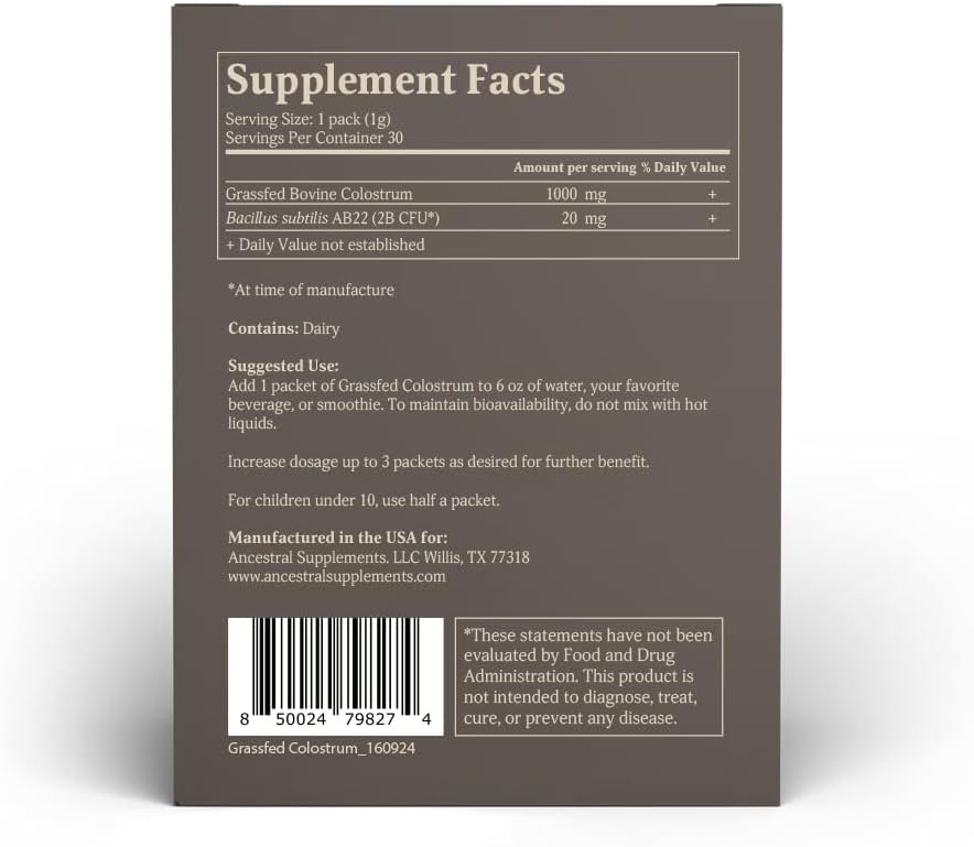 Ancestral Supplements Grass Fed Beef Bovine Colostrum Powder Packets, Immune & Gut Support, 30 Sticks, Unflavoured - görsel 2