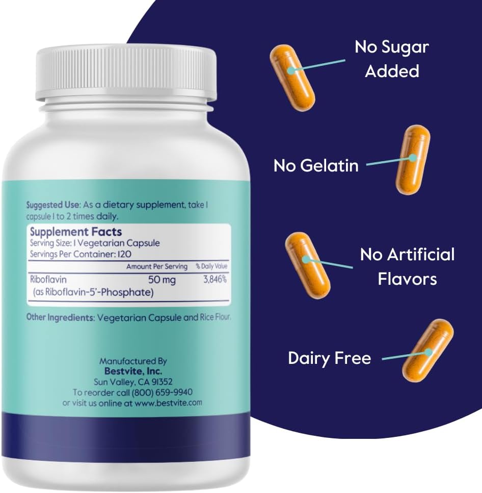 BESTVITE Riboflavin-5-Phosphate 50mg (120 Vegetarian Capsules) – No Stearates – Vegan – Non GMO – Gluten-free – Bioactive Form of Vitamin B2 - görsel 3