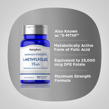 Piping Rock L-Methylfolate 15 mg | 90 Capsules | Maximum Strength | Bioactive Folate Supplement | Non-GMO, Gluten-free